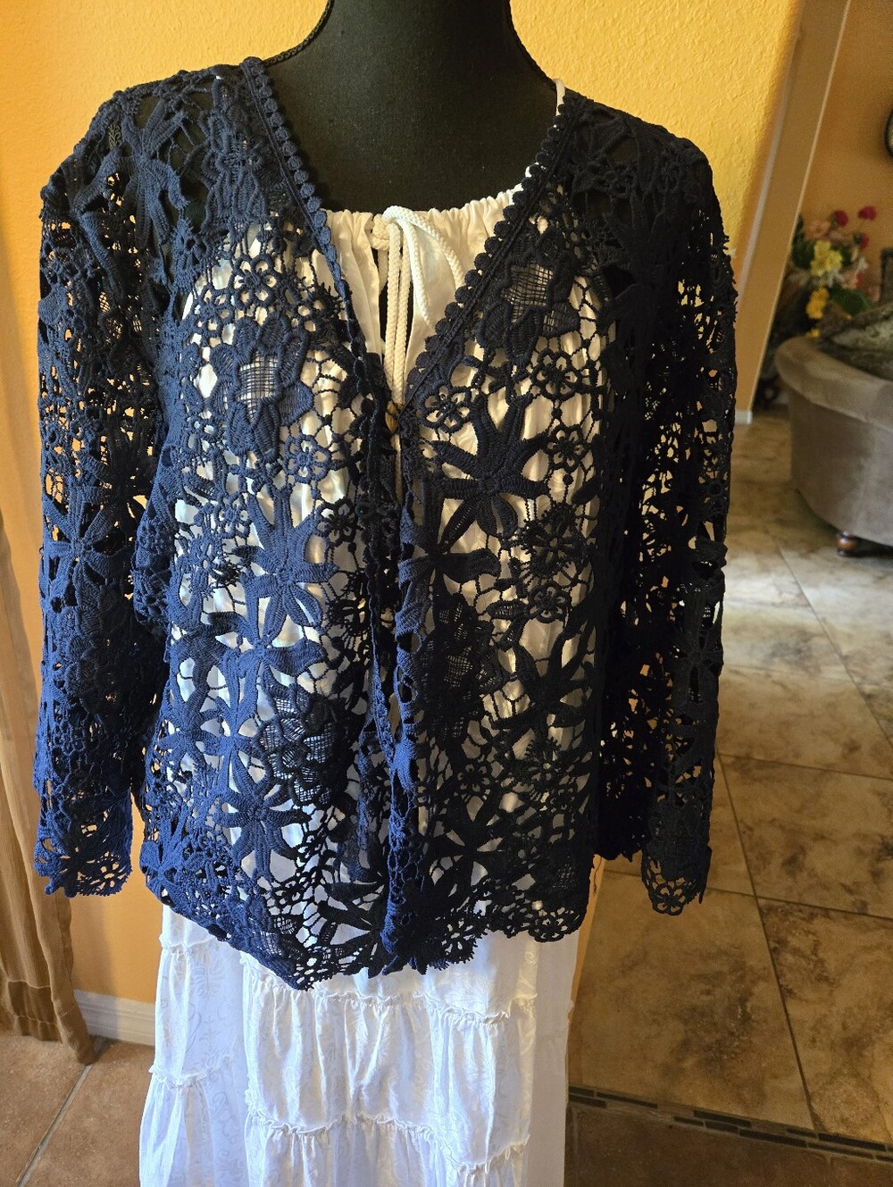 Rabbit Rabbit Rabbit Navy Crochet Lace Open Front Tunic